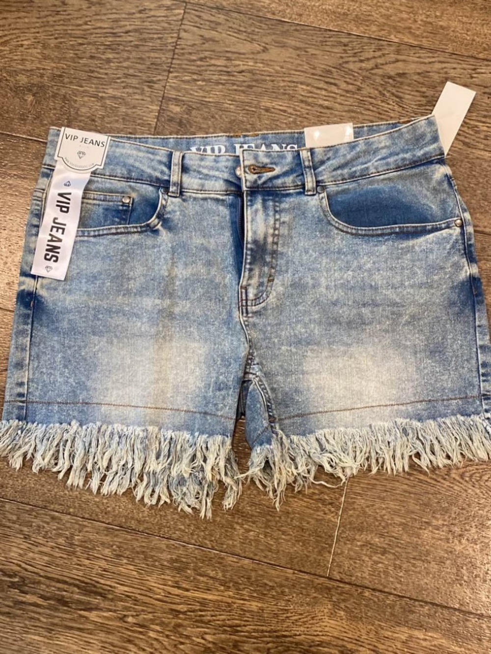 VIP Light Wash Denim Shorts with Frayed Hem